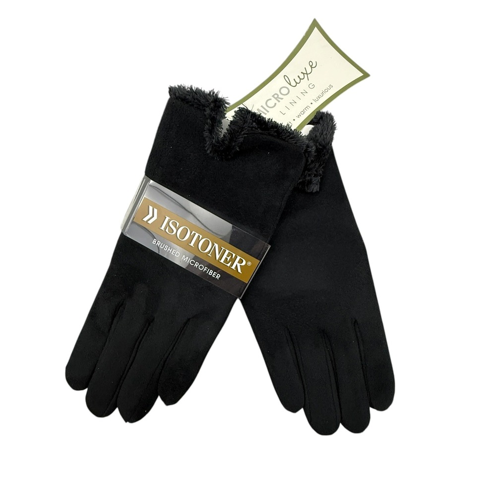 Isotoner Everyday Gloves Women Large Black Faux Fur Microfiber Warm Soft